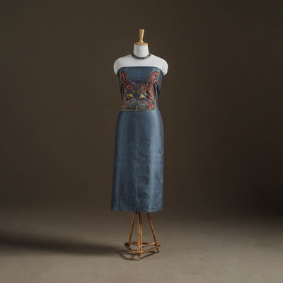 Blue - Handpainted Srikalahasti Handloom Chanderi Silk Unstitched Kurta (2.3M) 27