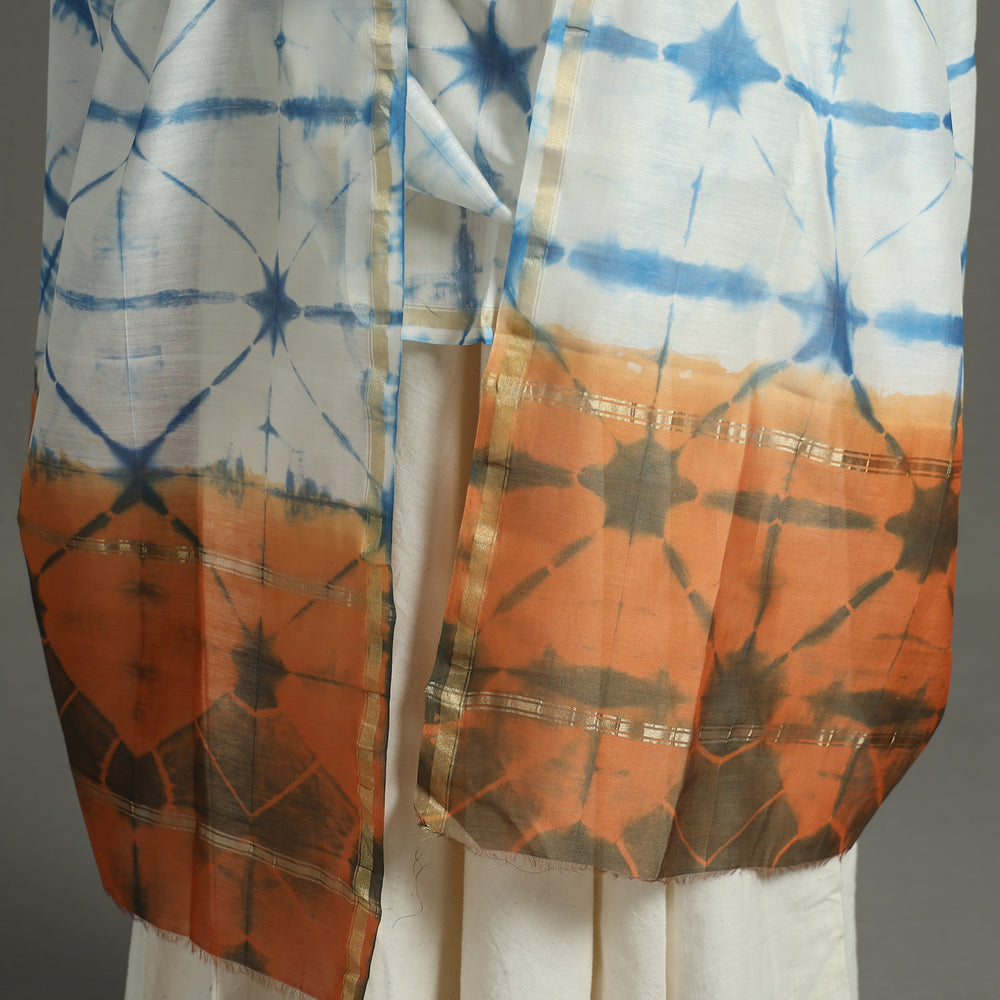 Blue - Shibori Tie-Dye Handloom Chanderi Silk Dupatta with Zari Border 66