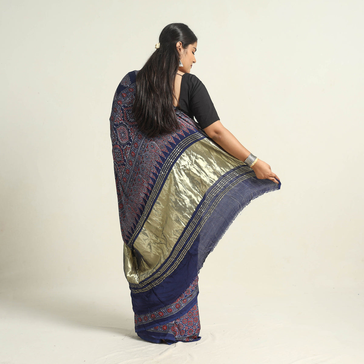 Blue - Modal Silk Block Printed Ajrakh Saree with Zari Border 73