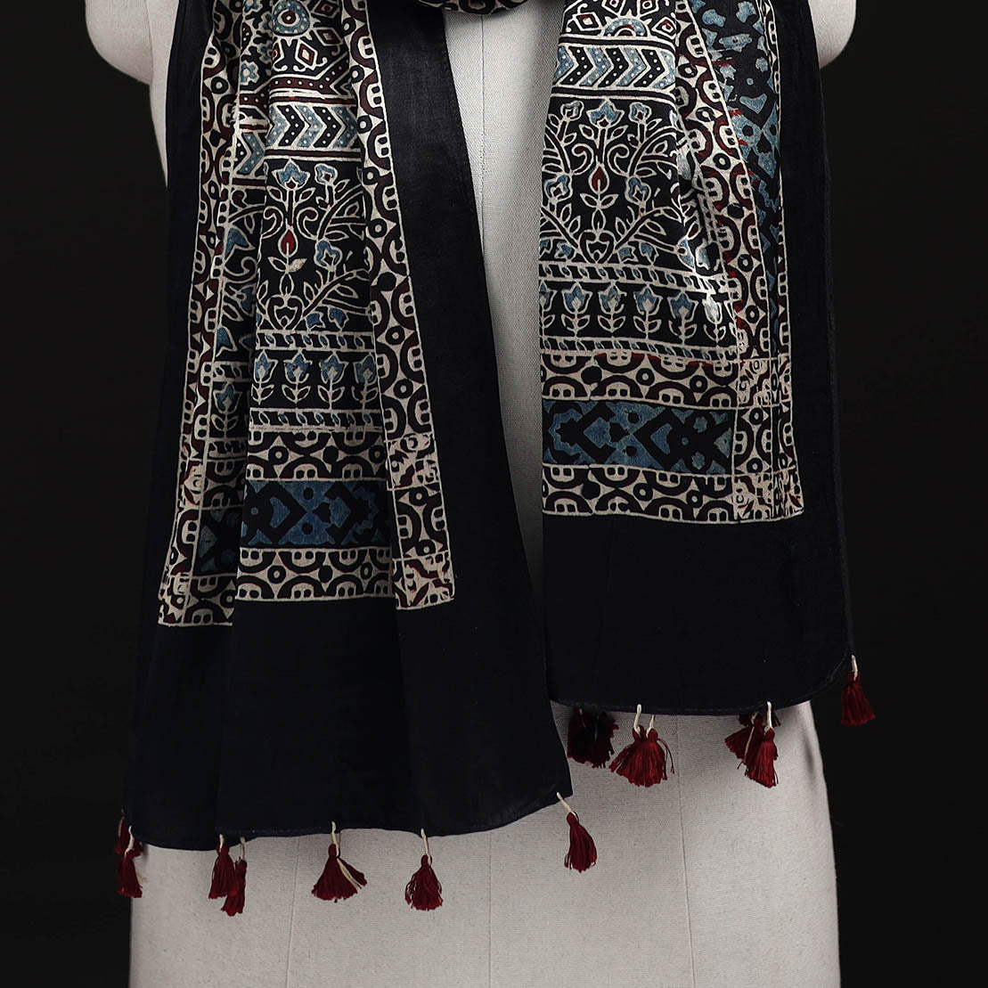 Ajrakh Hand Block Print Natural Dyed Mashru Silk Stole 08