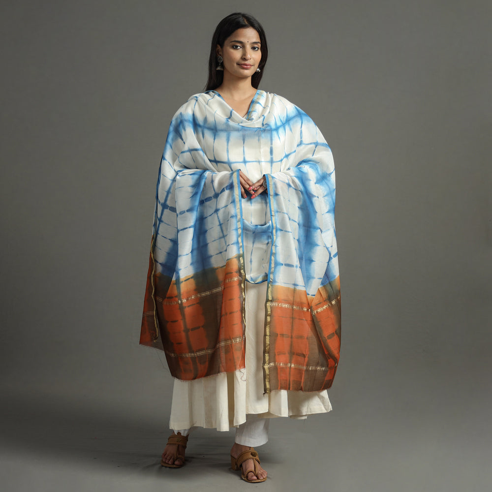 Blue - Shibori Tie-Dye Handloom Chanderi Silk Dupatta with Zari Border 67