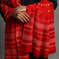 Red - Kutch Mirror Work Handwoven Bandhani Bagida Woolen Shawl 14