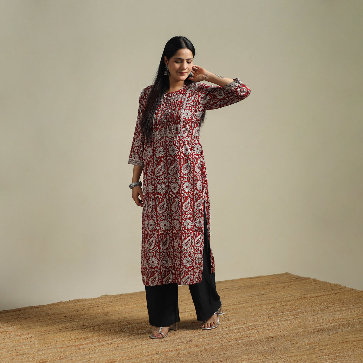 Red - Bagh Hand Block Print Natural Dyed Cotton Straight Kurta for women 06