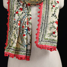 Ranihati Chanderi Silk Hand Embroidered Stole with Pom Pom 247