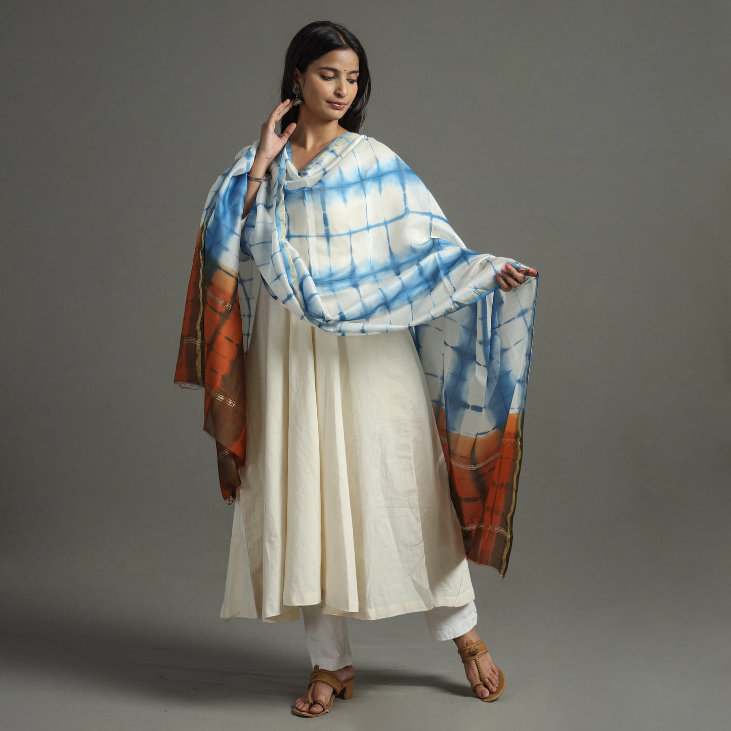 Blue - Shibori Tie-Dye Handloom Chanderi Silk Dupatta with Zari Border 67