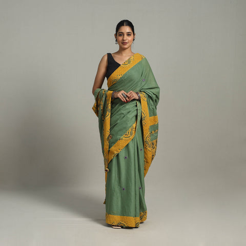 Green - Applique Patchwork Mul Cotton Tagai Ajrakh Saree 12