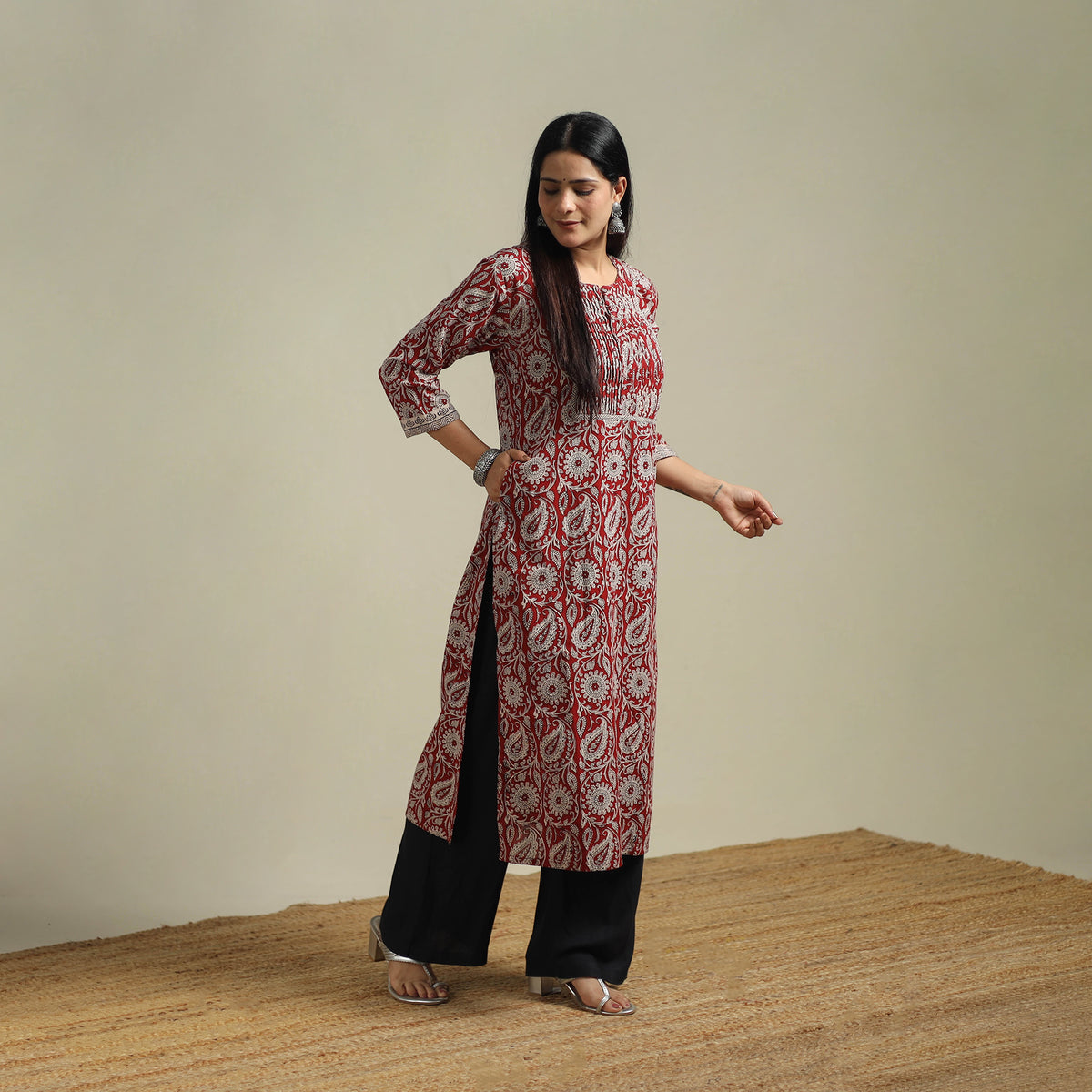 Red - Bagh Hand Block Print Natural Dyed Cotton Straight Kurta for women 06