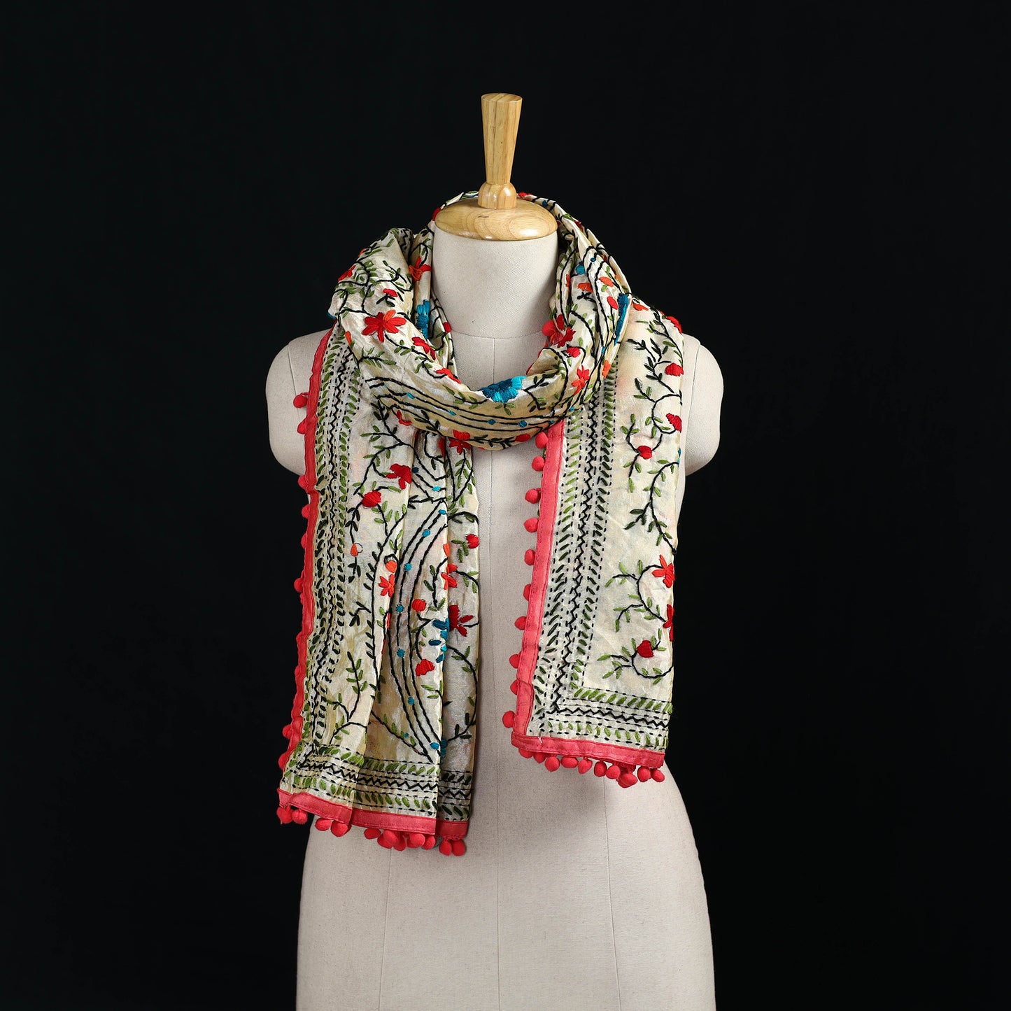 Ranihati Chanderi Silk Hand Embroidered Stole with Pom Pom 247
