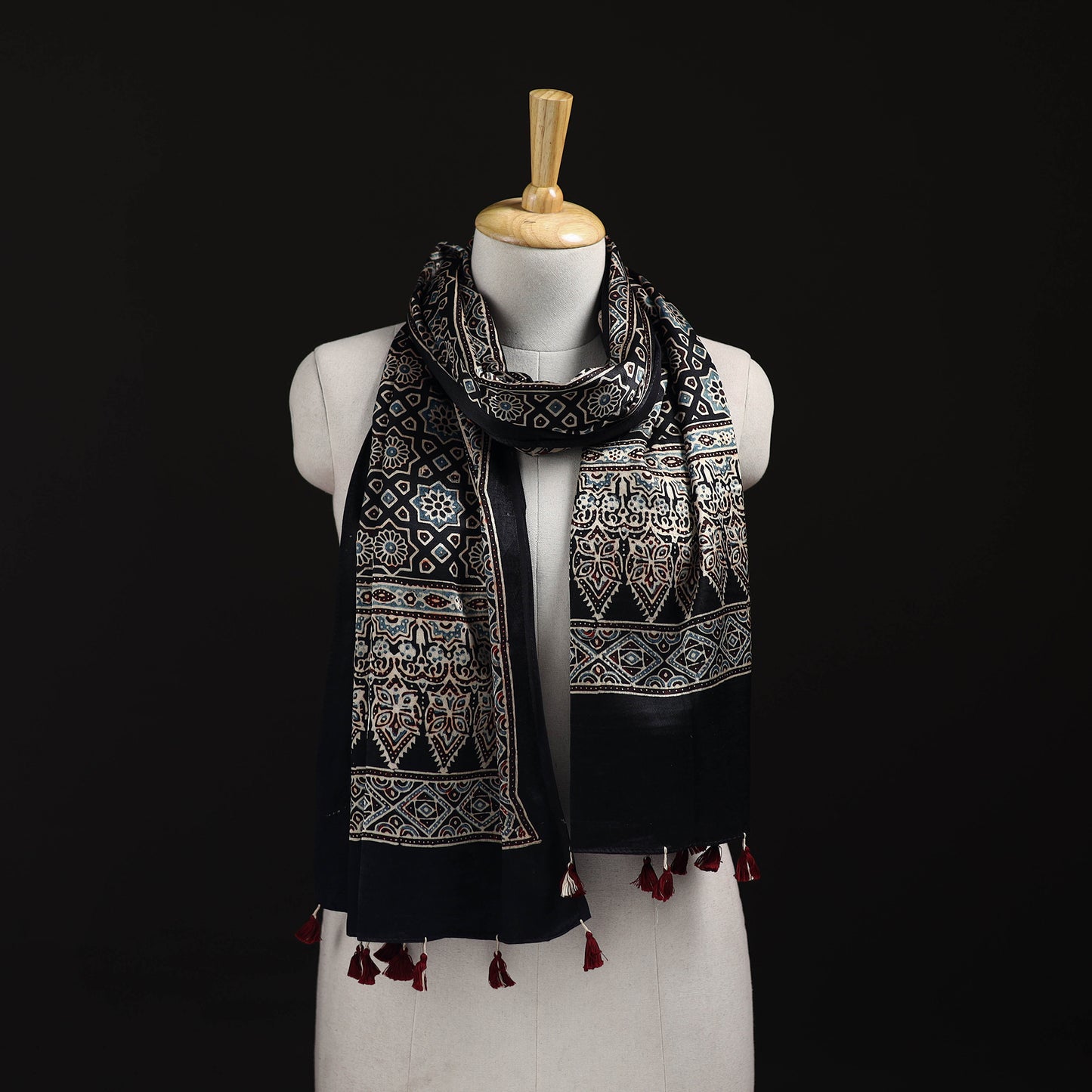 Ajrakh Hand Block Print Natural Dyed Mashru Silk Stole 09