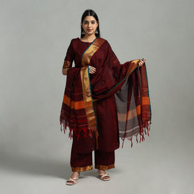 Maroon - Cotton Dharwad Kurta Set with Palazzo & Dupatta 10