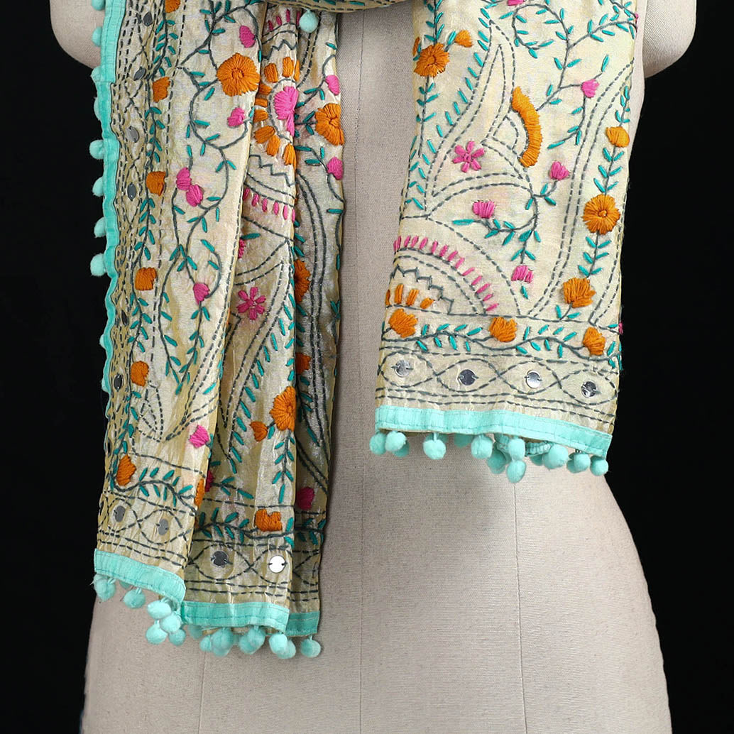 Ranihati Chanderi Silk Hand Embroidered Stole with Pom Pom 248