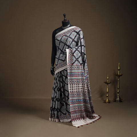 Ajrakh Hand Block Print Natural Dyed Pure Mul Cotton Saree 06