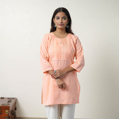 Jasleen Peach Flex Cotton Short Plain Kurta