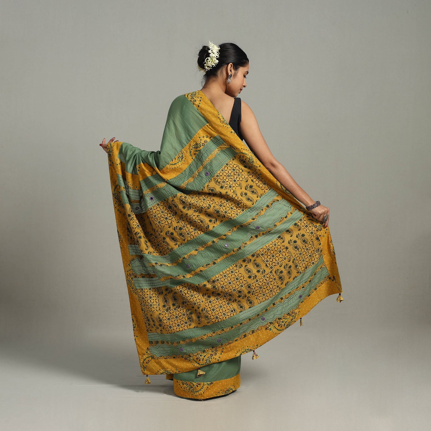 Green - Applique Patchwork Mul Cotton Tagai Ajrakh Saree 12