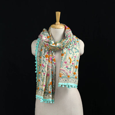 Ranihati Chanderi Silk Hand Embroidered Stole with Pom Pom 248