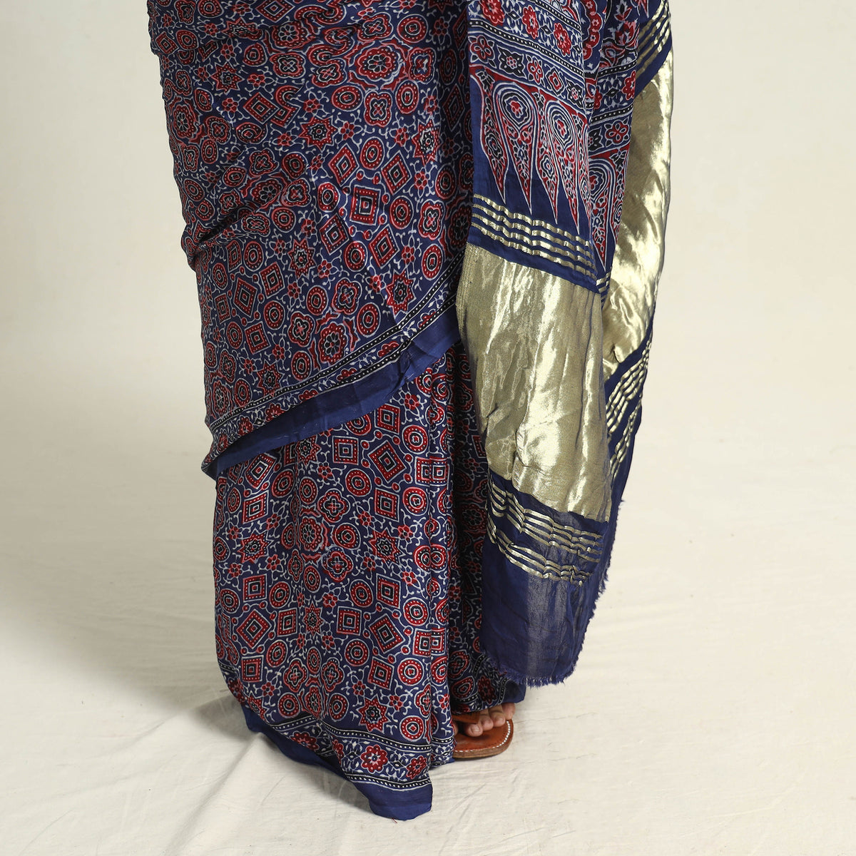 Blue - Modal Silk Block Printed Ajrakh Saree with Zari Border 73