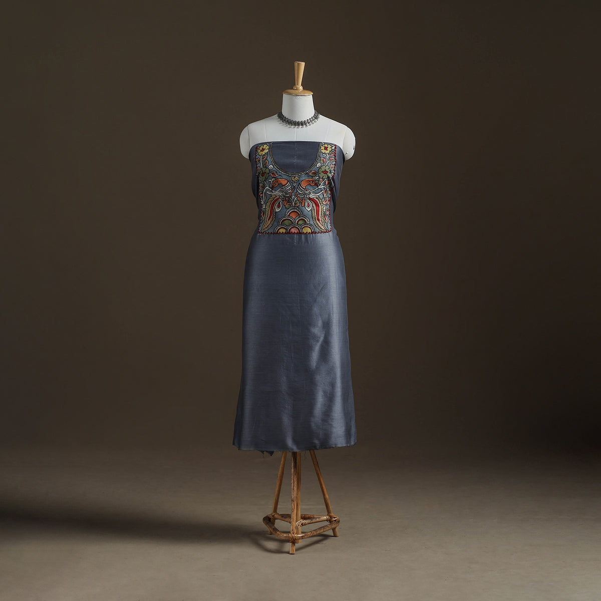 Grey - Handpainted Srikalahasti Handloom Chanderi Silk Unstitched Kurta (2.3M) 28