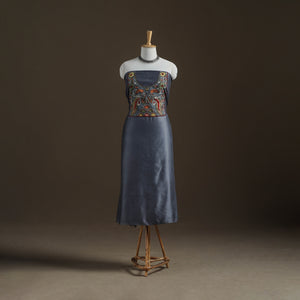 Grey - Handpainted Srikalahasti Handloom Chanderi Silk Unstitched Kurta (2.3M) 28