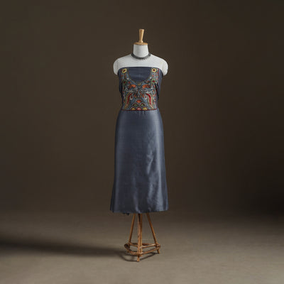 Grey - Handpainted Srikalahasti Handloom Chanderi Silk Unstitched Kurta (2.3M) 28