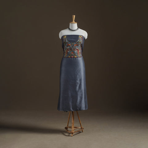 Grey - Handpainted Srikalahasti Handloom Chanderi Silk Unstitched Kurta (2.3M) 28