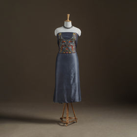 Grey - Handpainted Srikalahasti Handloom Chanderi Silk Unstitched Kurta (2.3M) 28