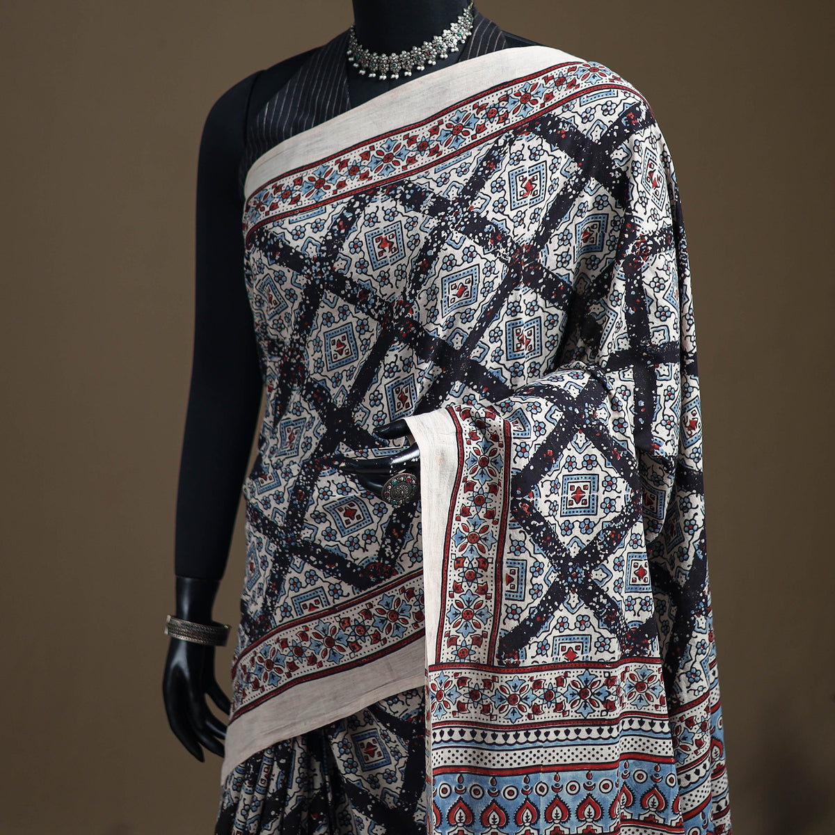 Ajrakh Hand Block Print Natural Dyed Pure Mul Cotton Saree 06