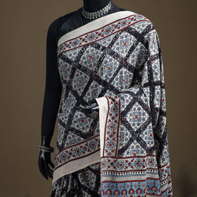 Ajrakh Hand Block Print Natural Dyed Pure Mul Cotton Saree 06