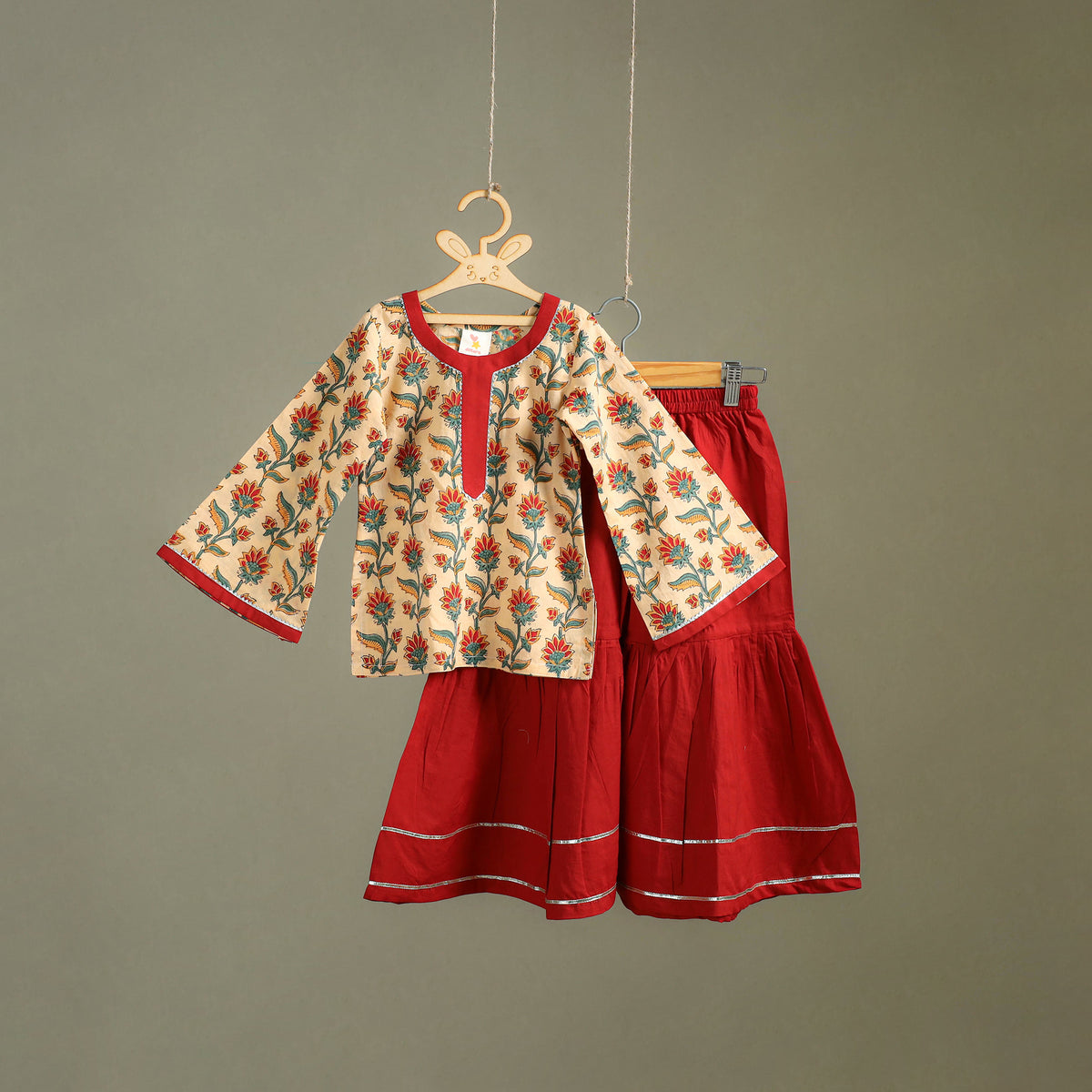 Girls Gota Work Floral Block Print Cotton Kurta with Sharara Set (3-4 Years) 17