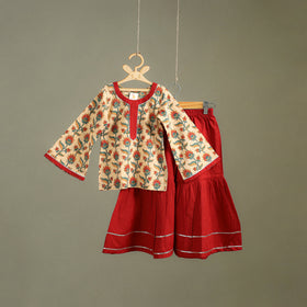 Girls Gota Work Floral Block Print Cotton Kurta with Sharara Set (3-4 Years) 17