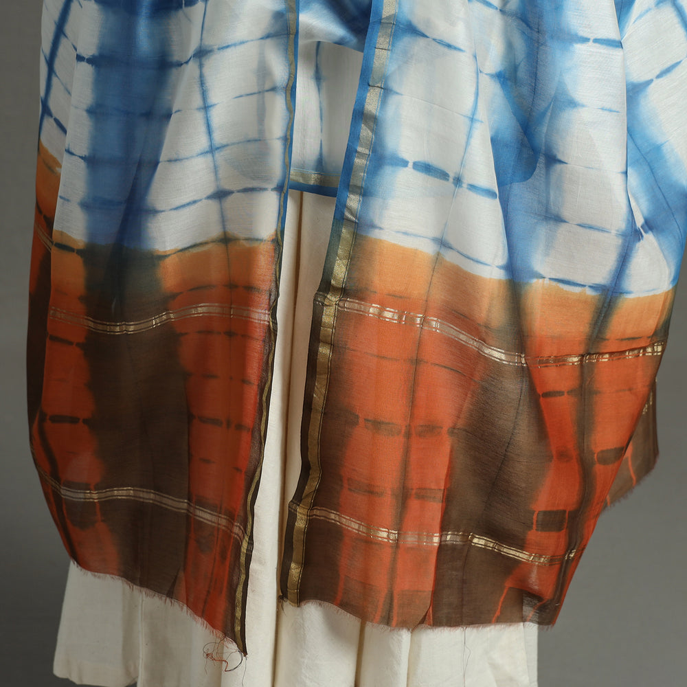 Blue - Shibori Tie-Dye Handloom Chanderi Silk Dupatta with Zari Border 67