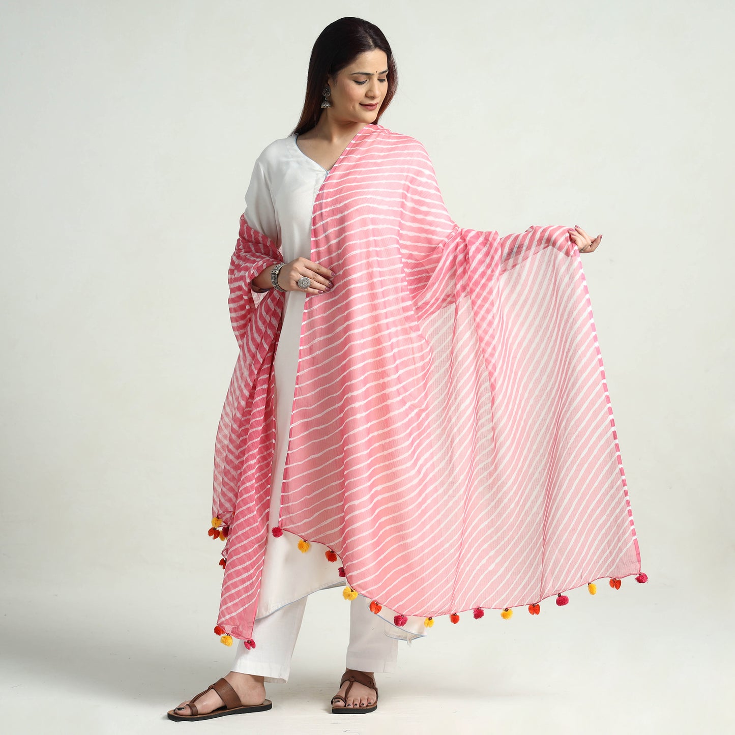 Pink - Leheriya Tie-Dye Kota Doria Cotton Dupatta with Tassels 51