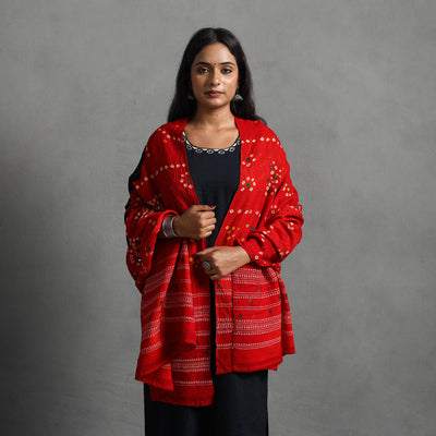 Red - Kutch Mirror Work Handwoven Bandhani Bagida Woolen Shawl 14