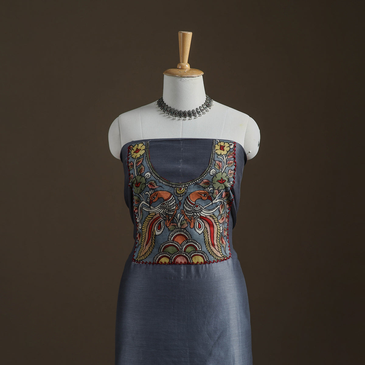 Grey - Handpainted Srikalahasti Handloom Chanderi Silk Unstitched Kurta (2.3M) 28