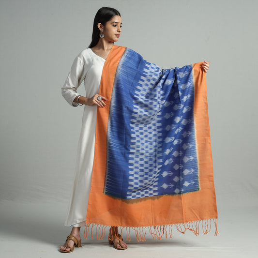 Blue - Pochampally Ikat Handloom Cotton Dupatta with Tassels 10