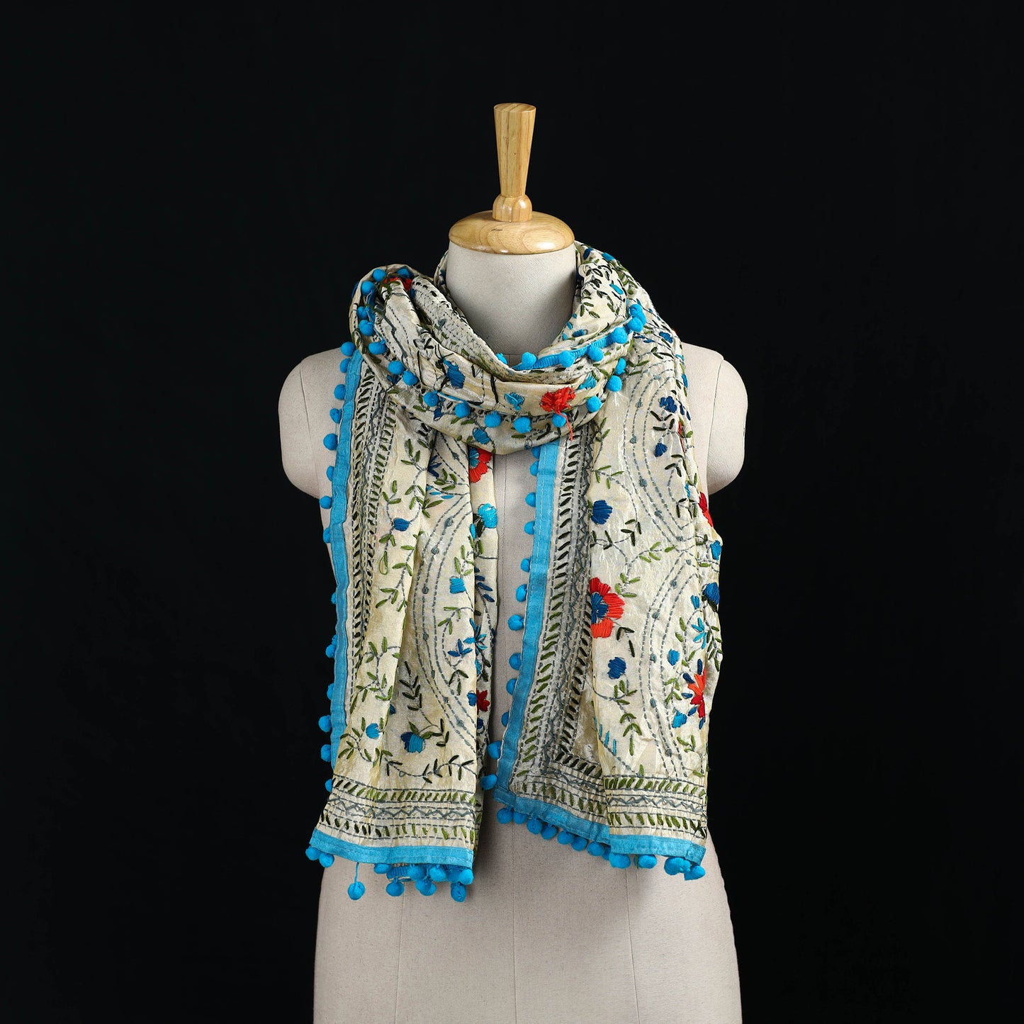 Ranihati Chanderi Silk Hand Embroidered Stole with Pom Pom 249