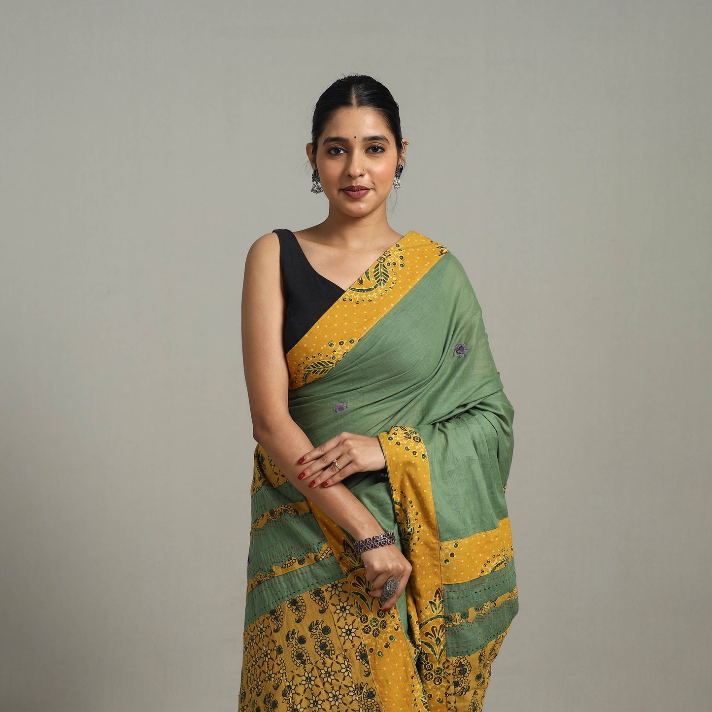 Green - Applique Patchwork Mul Cotton Tagai Ajrakh Saree 12