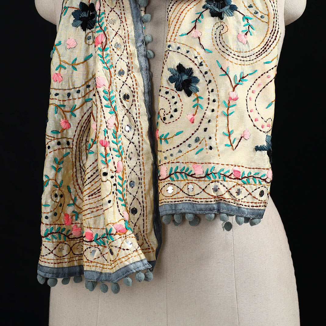 Ranihati Chanderi Silk Hand Embroidered Stole with Pom Pom 251