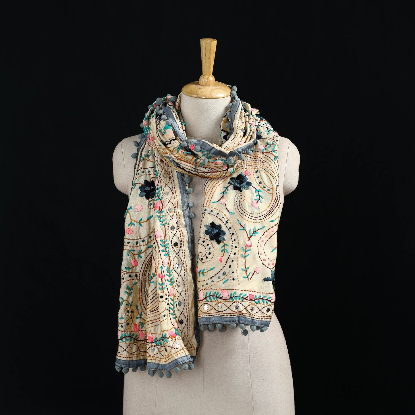 Ranihati Chanderi Silk Hand Embroidered Stole with Pom Pom 251