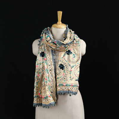Ranihati Chanderi Silk Hand Embroidered Stole with Pom Pom 251