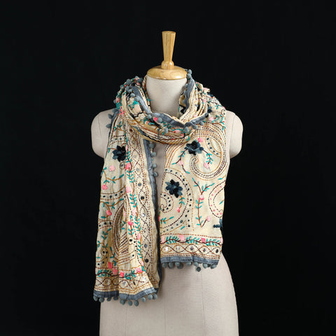 Ranihati Chanderi Silk Hand Embroidered Stole with Pom Pom 251
