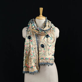 Ranihati Chanderi Silk Hand Embroidered Stole with Pom Pom 251