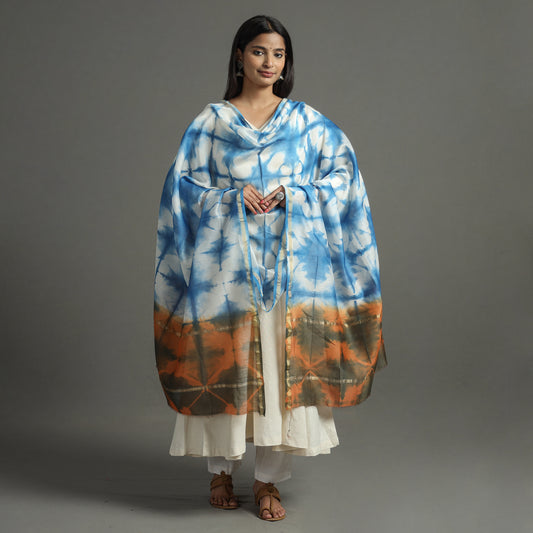 Blue - Shibori Tie-Dye Handloom Chanderi Silk Dupatta with Zari Border 68