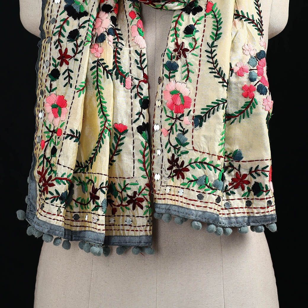 Ranihati Chanderi Silk Hand Embroidered Stole with Pom Pom 252