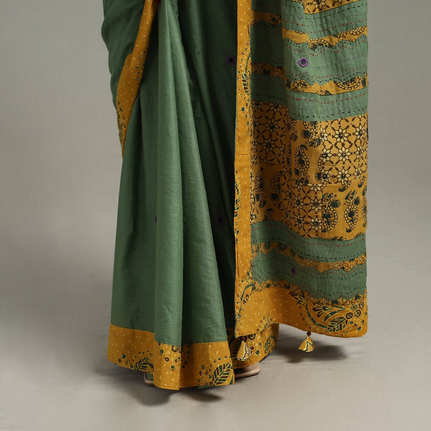 Green - Applique Patchwork Mul Cotton Tagai Ajrakh Saree 12