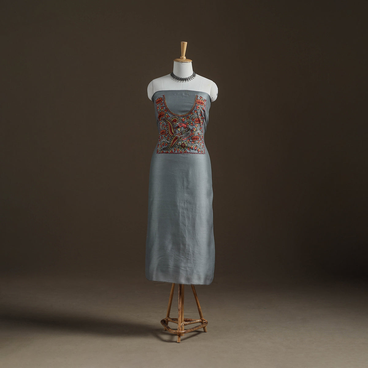 Grey - Handpainted Srikalahasti Handloom Chanderi Silk Unstitched Kurta (2.3M) 29