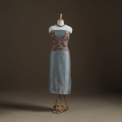 Grey - Handpainted Srikalahasti Handloom Chanderi Silk Unstitched Kurta (2.3M) 29