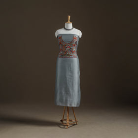 Grey - Handpainted Srikalahasti Handloom Chanderi Silk Unstitched Kurta (2.3M) 29