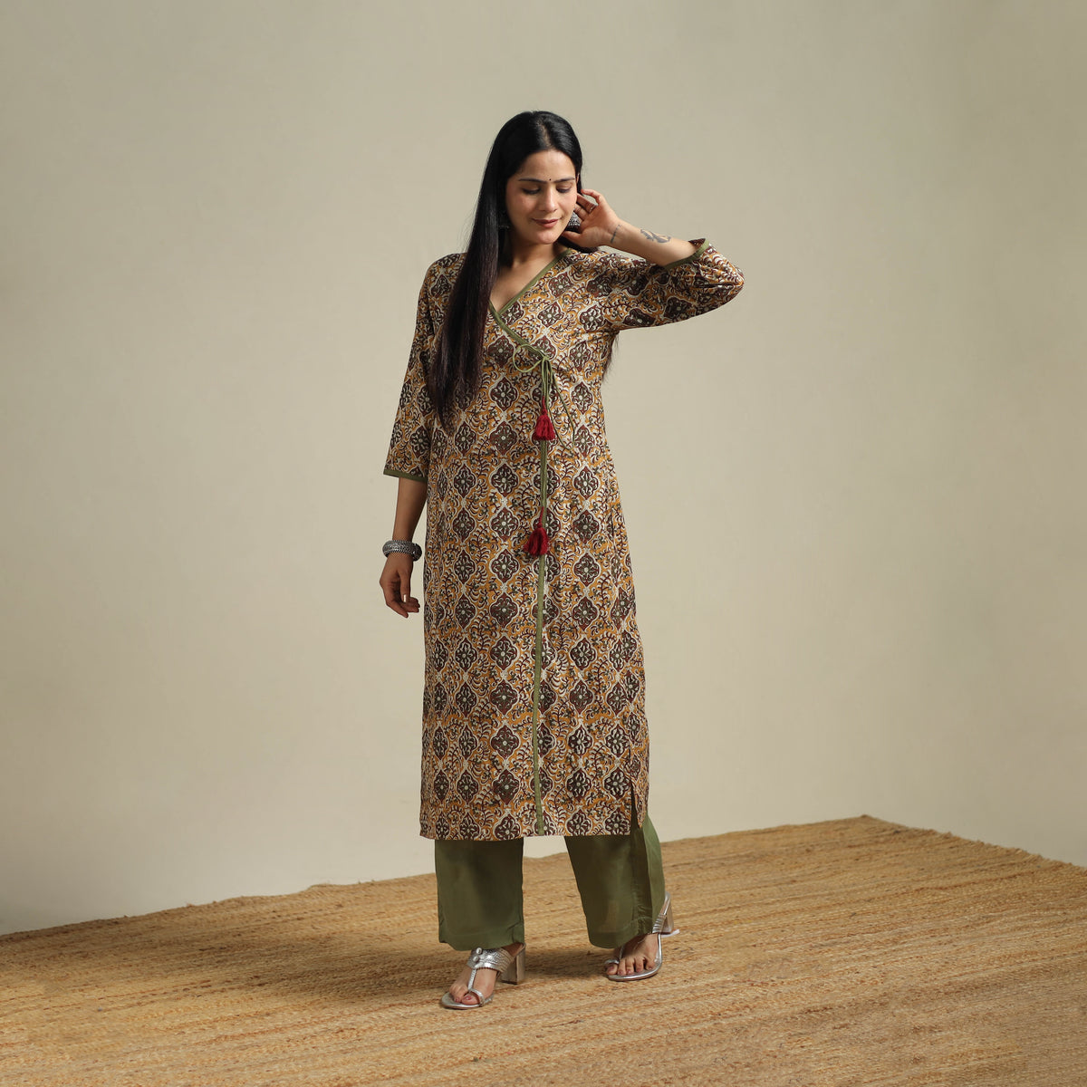 Yellow - Bagru Hand Block Print Natural Dyed Cotton Straight Kurta for women 01