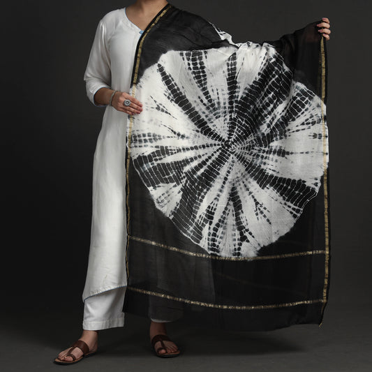 Black - Exclusive!! Handloom Shibori Tie-Dye Chanderi Silk Dupatta with Zari Border