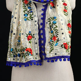 Ranihati Chanderi Silk Hand Embroidered Stole with Pom Pom 253